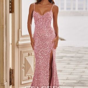 Fitted Applique Sequin Sleeveless Corset Slit Maxi Dress